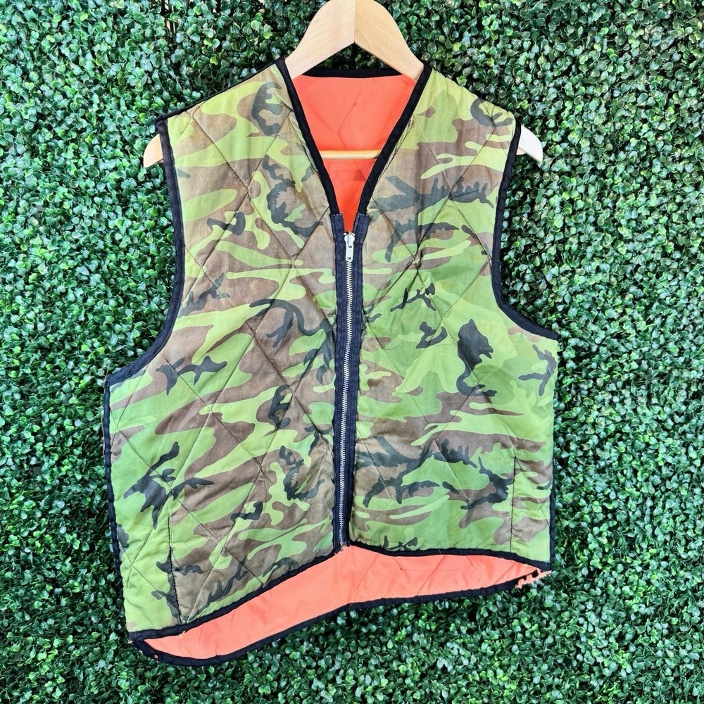 Unbranded Reversible Quilted Hunting Vest Camo Blaze Orange YKK‎ Zip Mens L XL
